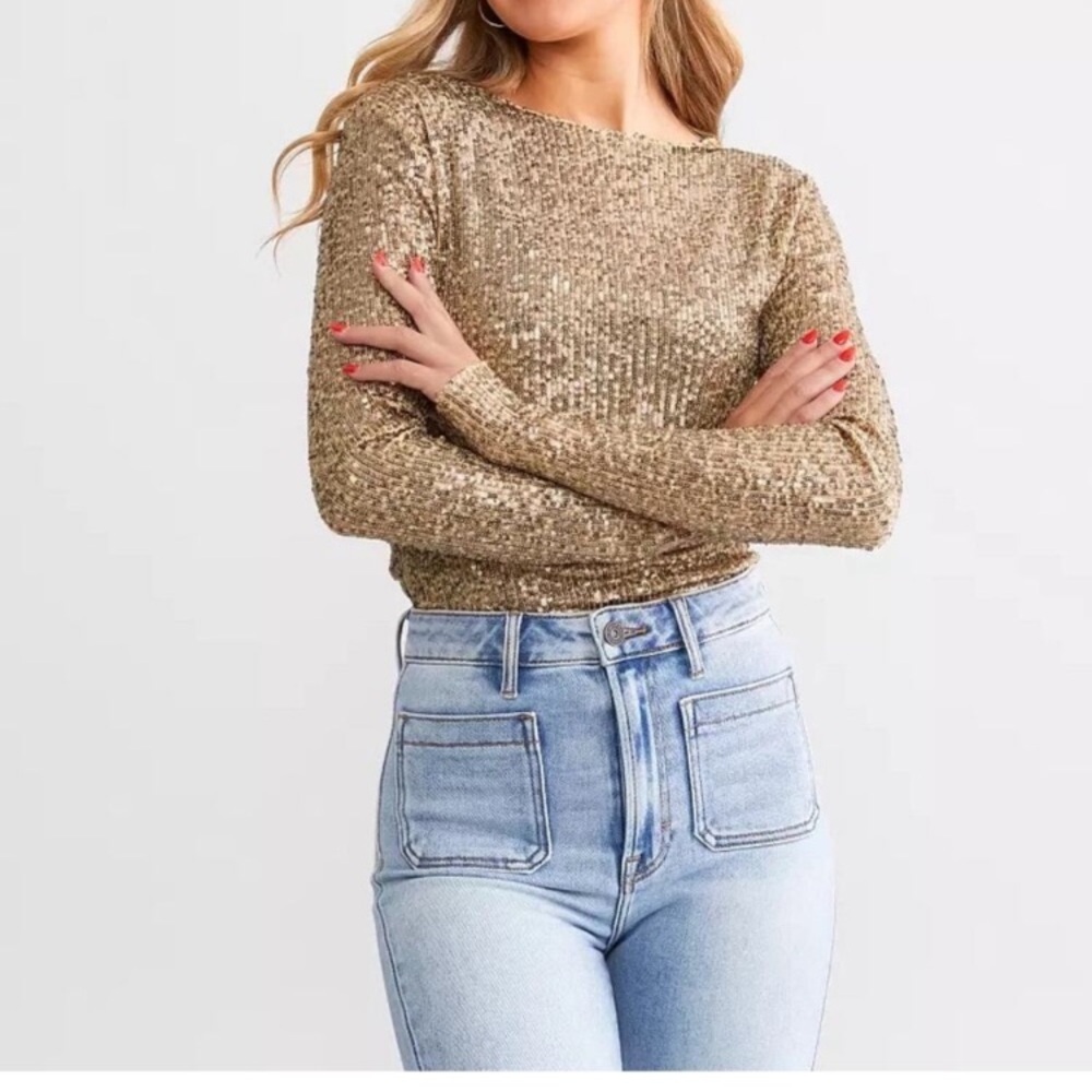 Free People Gold Rush Long Sleeve Sequin Top M NWT